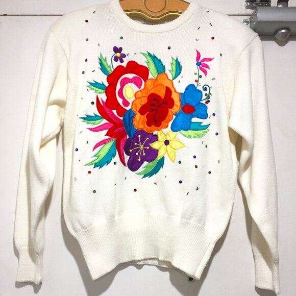 VINTAGE SPANNER IMPORTS KNIT FLORAL PATCHWORK SWEATERS SIZE S - Picture 2 of 11